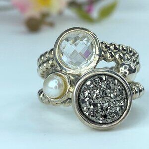 JR9637 Michael Dawkins Sterling Silver Pyrite Cultured Pearl Quartz ring s10